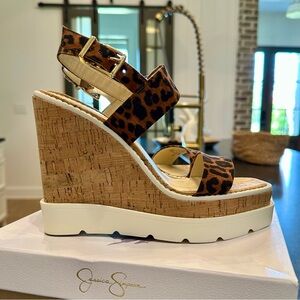Jessica Simpson Leopard Cork Wedge Sandals - Brown